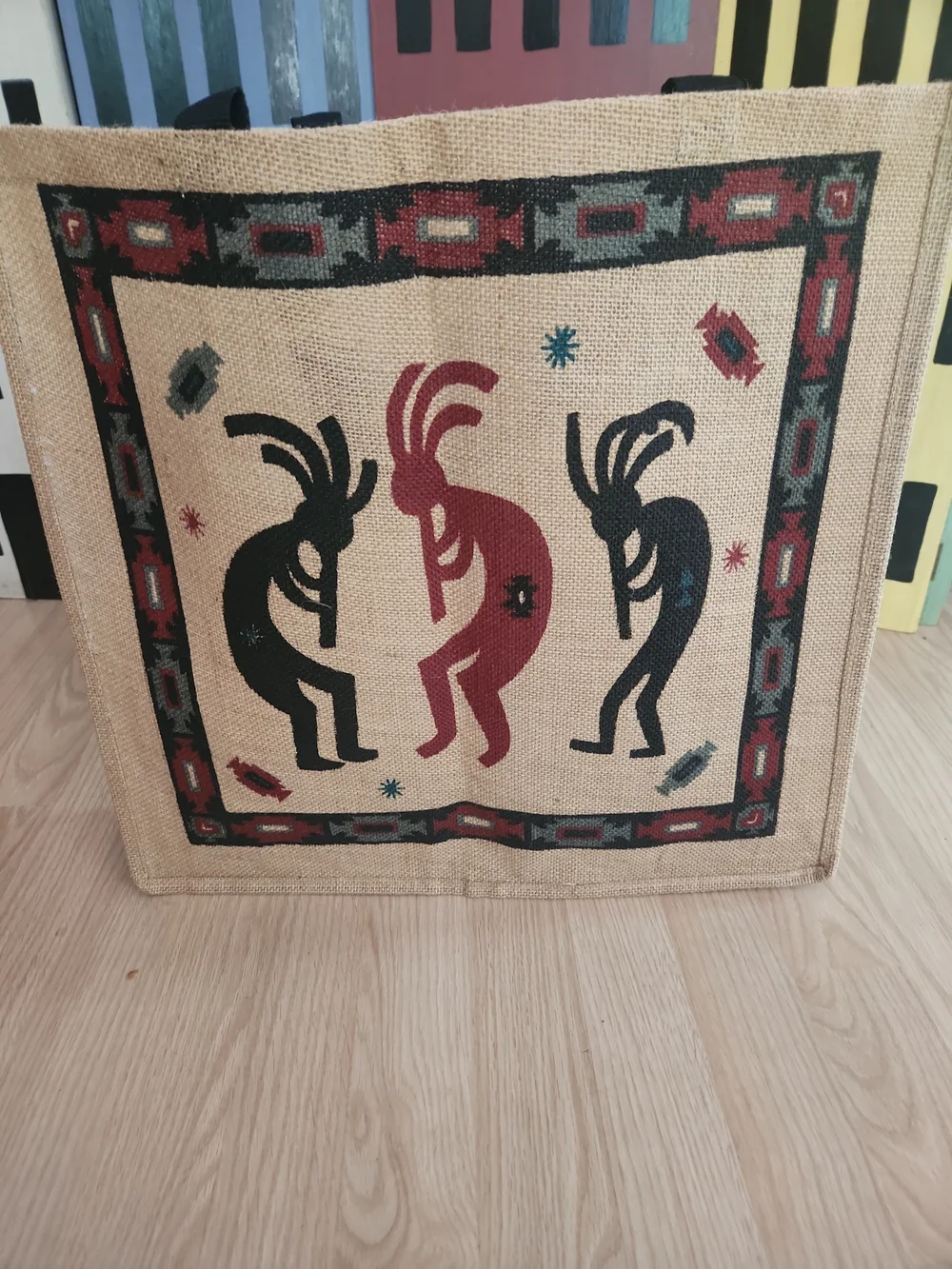 Jute Tote Bag with Kokopelli Print - Red & Black